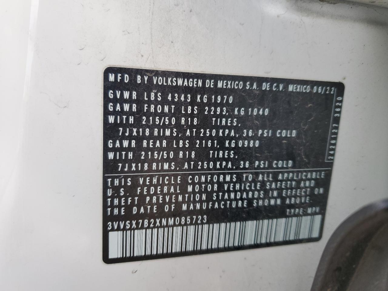 2022 VOLKSWAGEN TAOS SE VIN:3VVSX7B2XNM085723