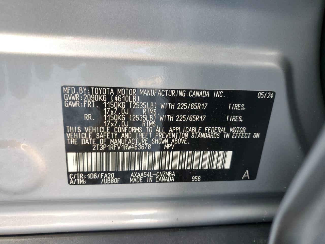 2024 TOYOTA RAV4 XLE VIN:2T3P1RFV1RW463678