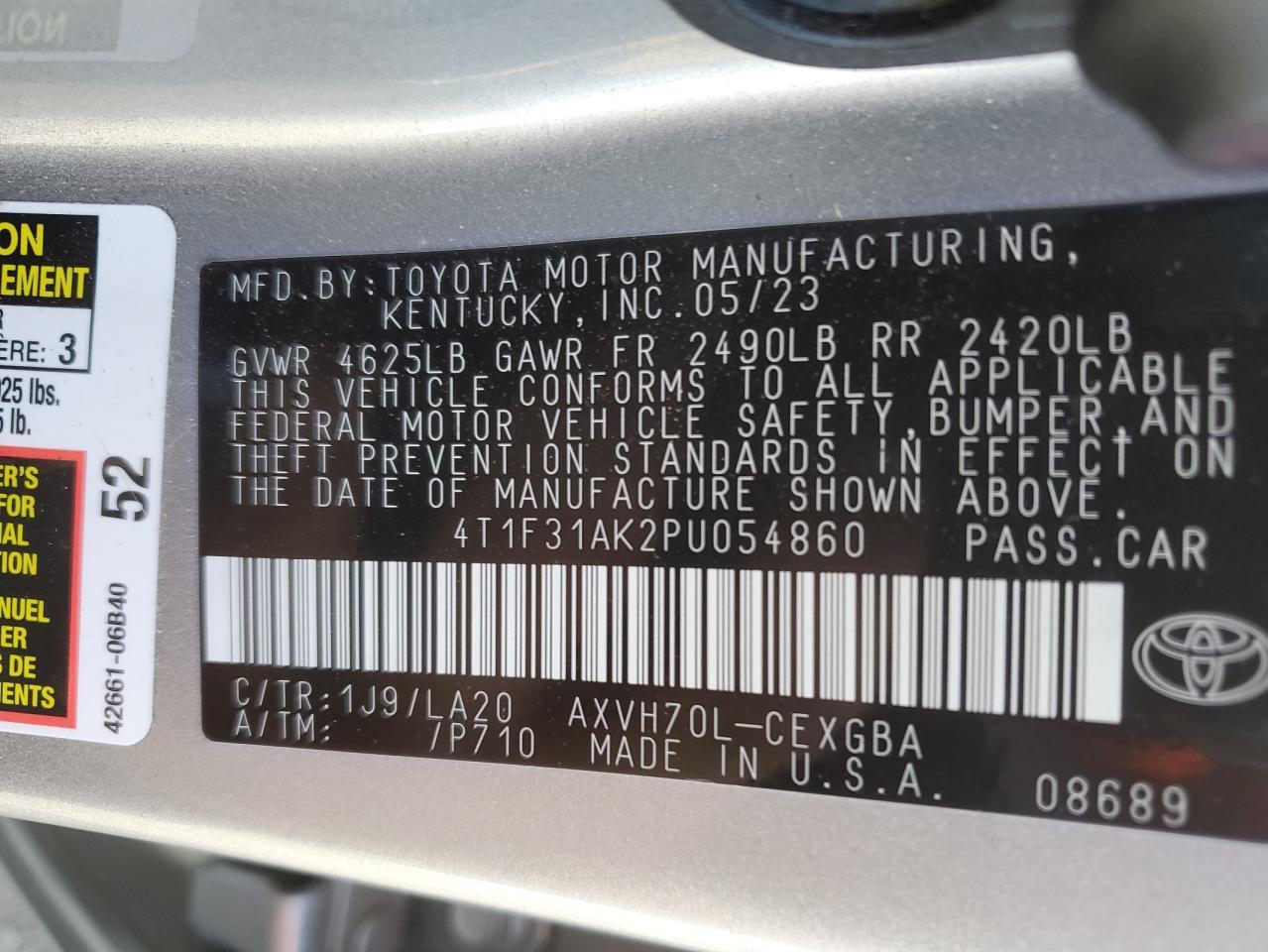 2023 TOYOTA CAMRY XLE VIN:4T1F31AK2PU054860