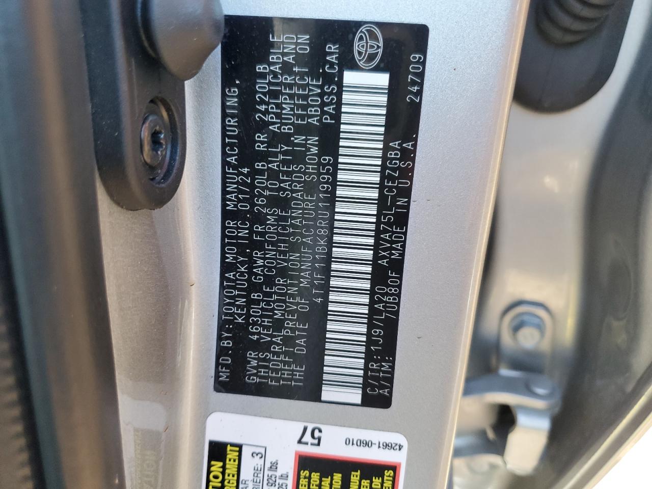 2024 TOYOTA CAMRY XLE VIN:4T1F11BK8RU119959