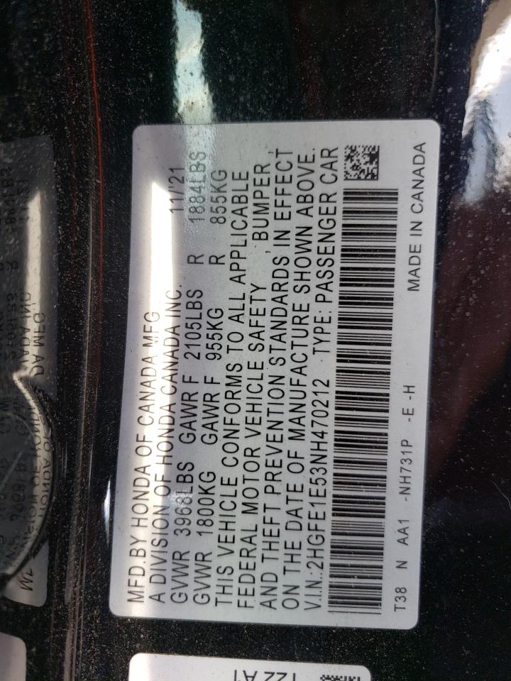 2022 HONDA CIVIC SI VIN:2HGFE1E53NH470212