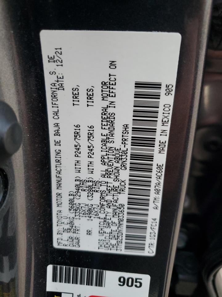 2022 TOYOTA TACOMA DOUBLE CAB VIN:3TMBZ5DN7NM033650