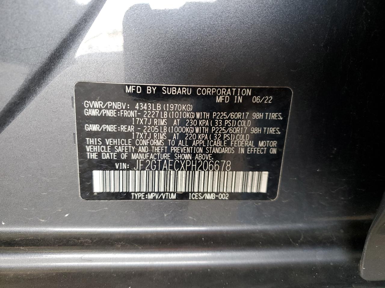 2023 SUBARU CROSSTREK PREMIUM VIN:JF2GTAECXPH206678