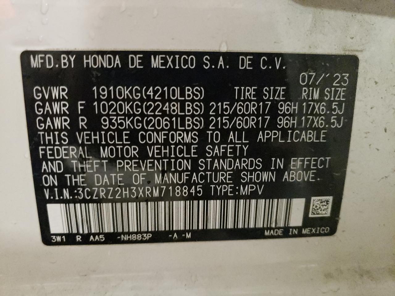 2024 HONDA HR-V LX VIN:3CZRZ2H3XRM718845