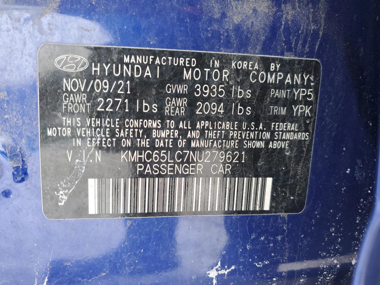 2022 HYUNDAI IONIQ BLUE VIN:KMHC65LC7NU279621