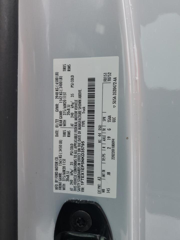 2022 FORD F150 SUPER CAB VIN:1FTEX1EP5NKD35795