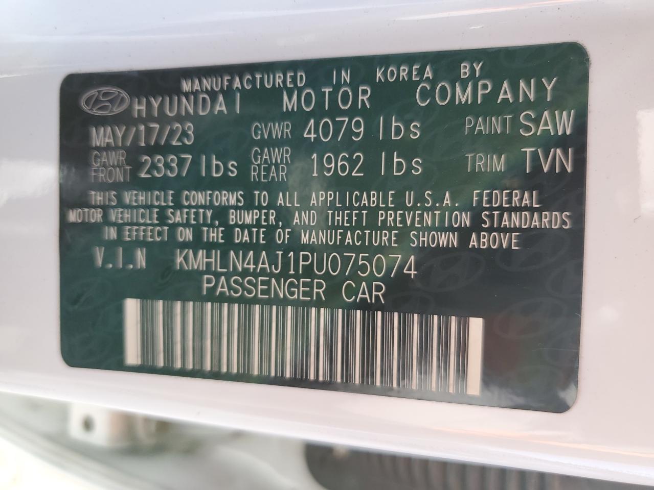 2023 HYUNDAI ELANTRA LIMITED VIN:KMHLN4AJ1PU075074