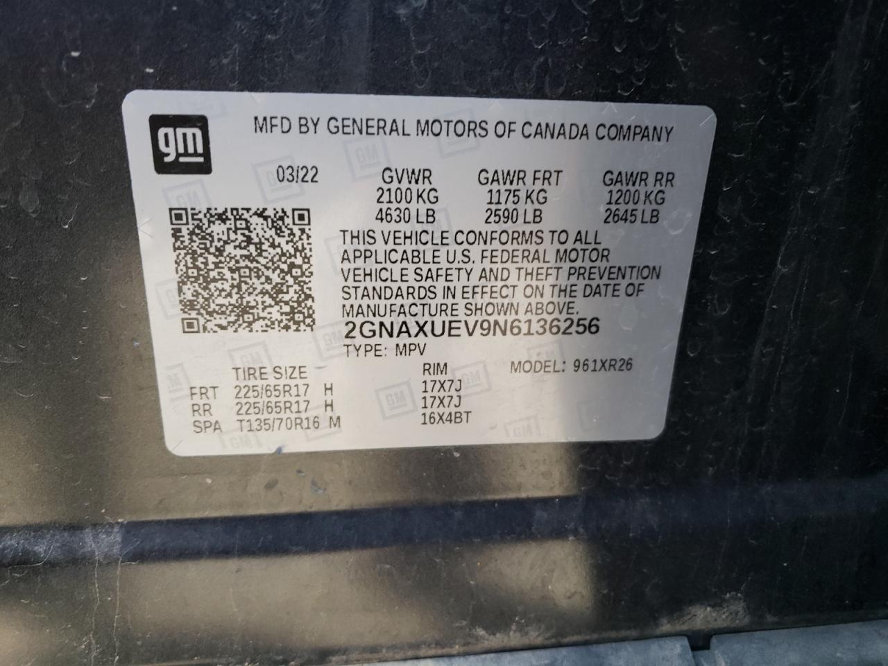 2022 CHEVROLET EQUINOX LT VIN:2GNAXUEV9N6136256