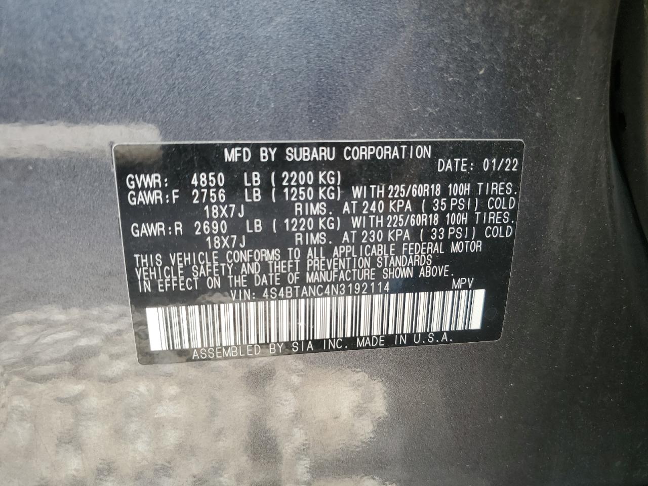 2022 SUBARU OUTBACK LIMITED VIN:4S4BTANC4N3192114