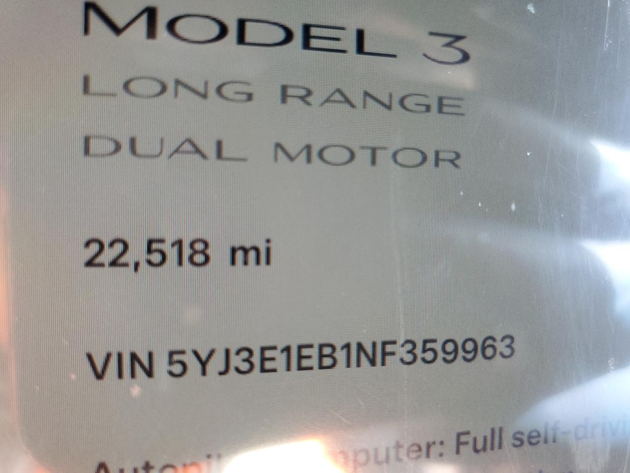 2022 TESLA MODEL 3  VIN:5YJ3E1EB1NF359963