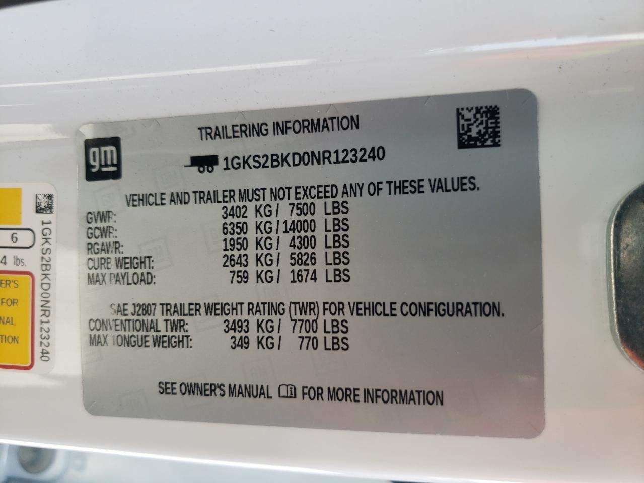2022 GMC YUKON SLT VIN:1GKS2BKD0NR123240