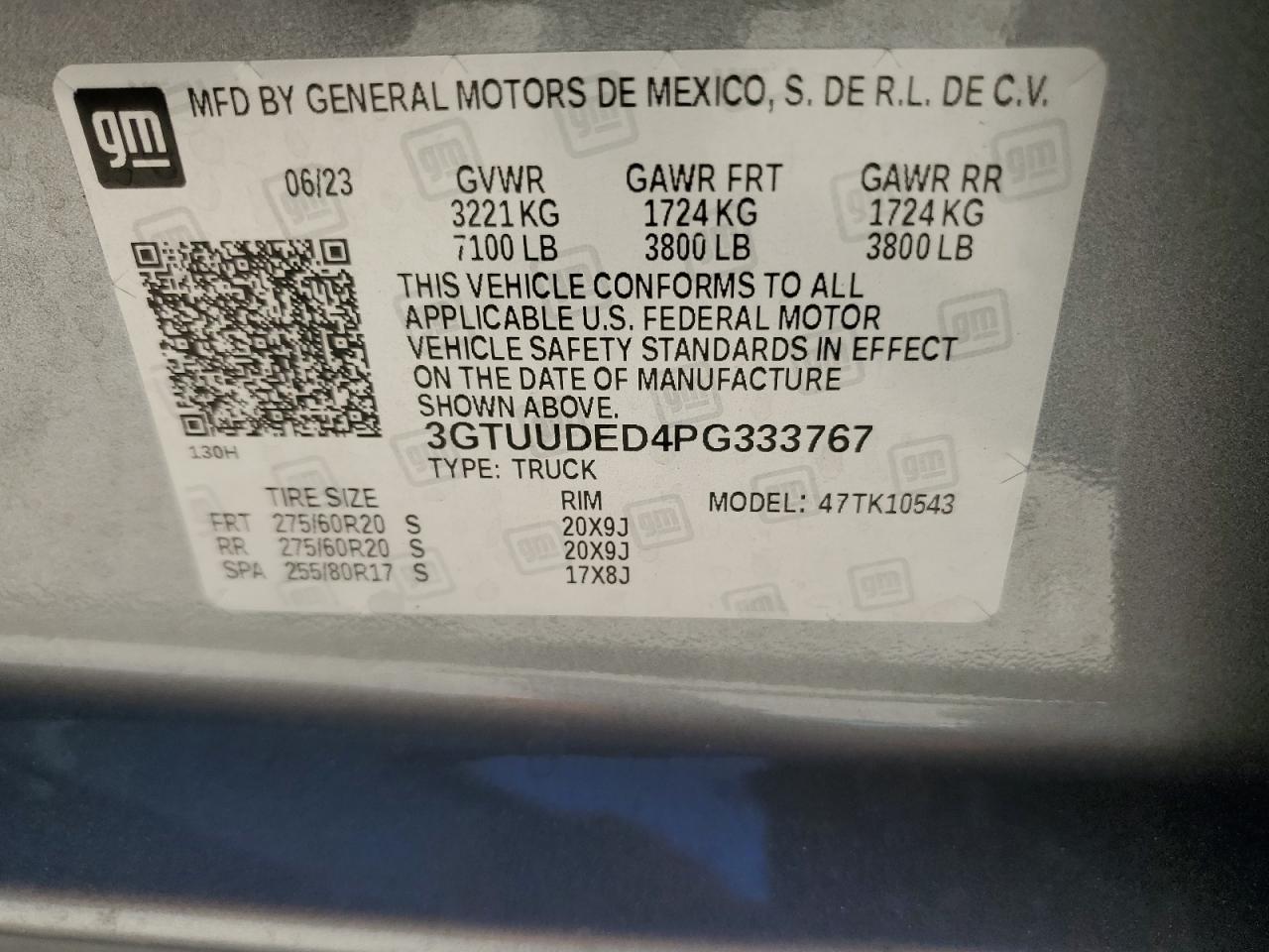 2023 GMC SIERRA K1500 SLT VIN:3GTUUDED4PG333767