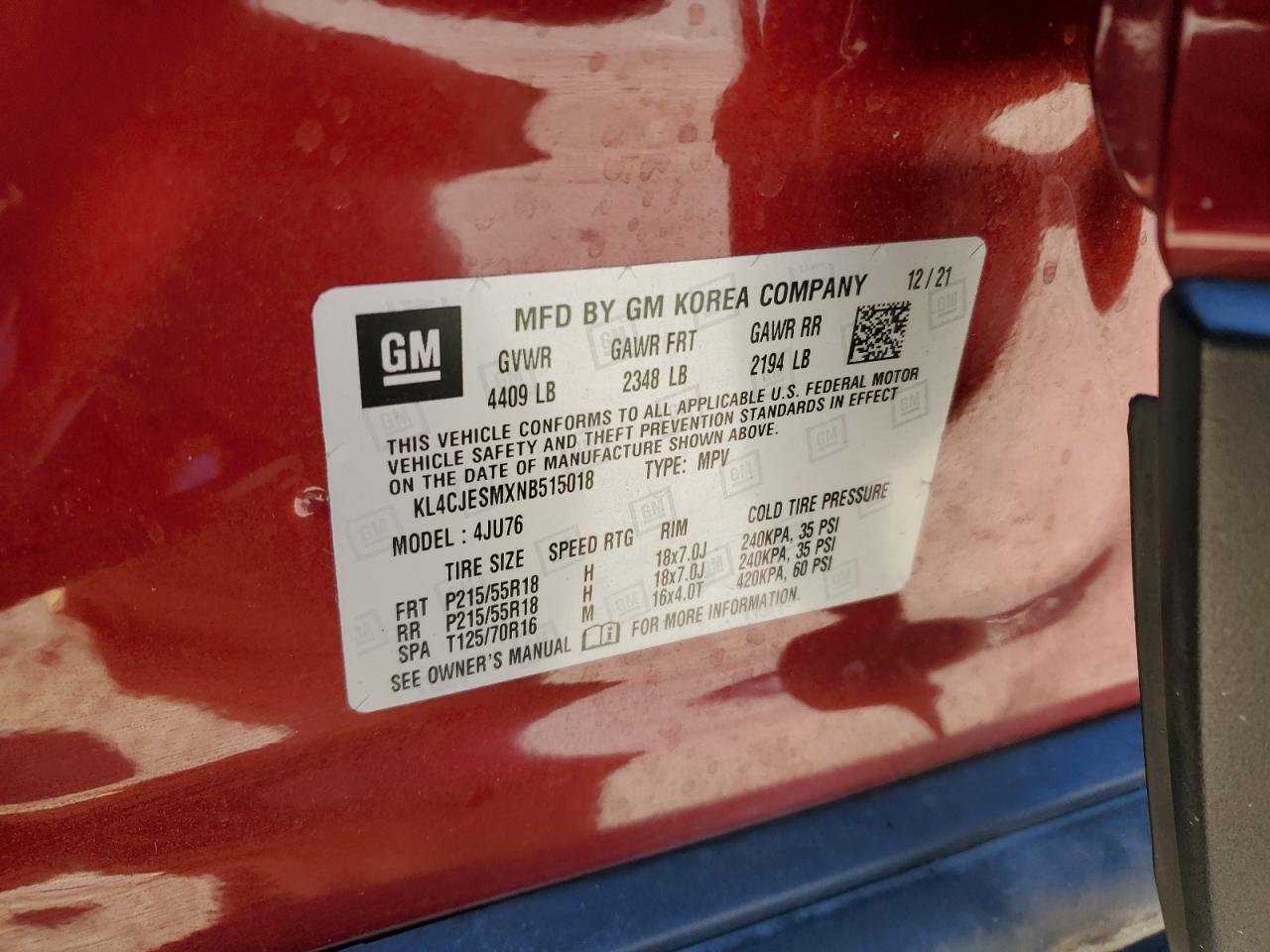 2022 BUICK ENCORE PREFERRED VIN:KL4CJESMXNB515018