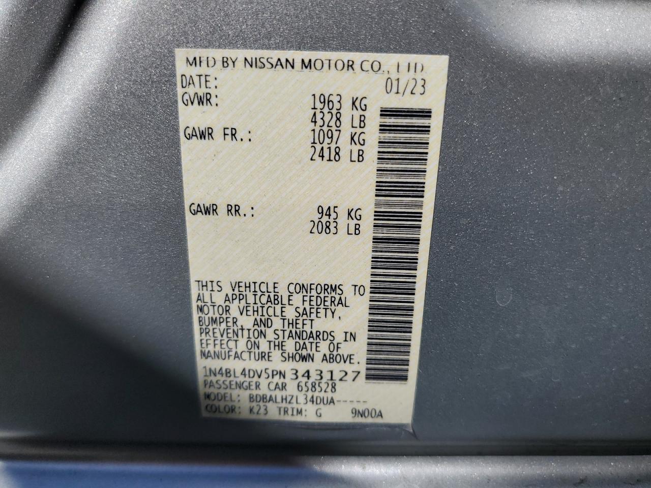 2023 NISSAN ALTIMA SV VIN:1N4BL4DV5PN343127