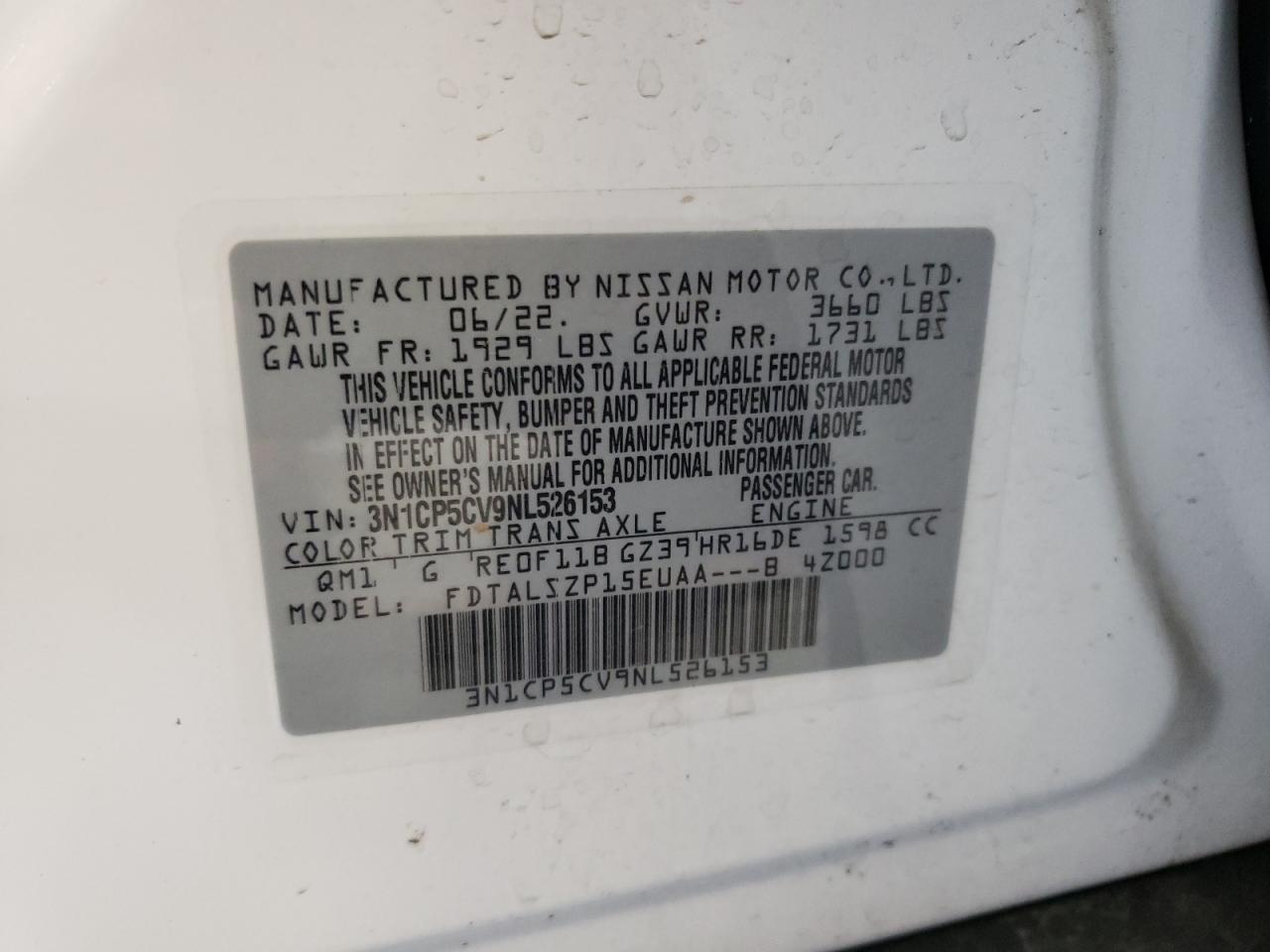 2022 NISSAN KICKS SV VIN:3N1CP5CV9NL526153