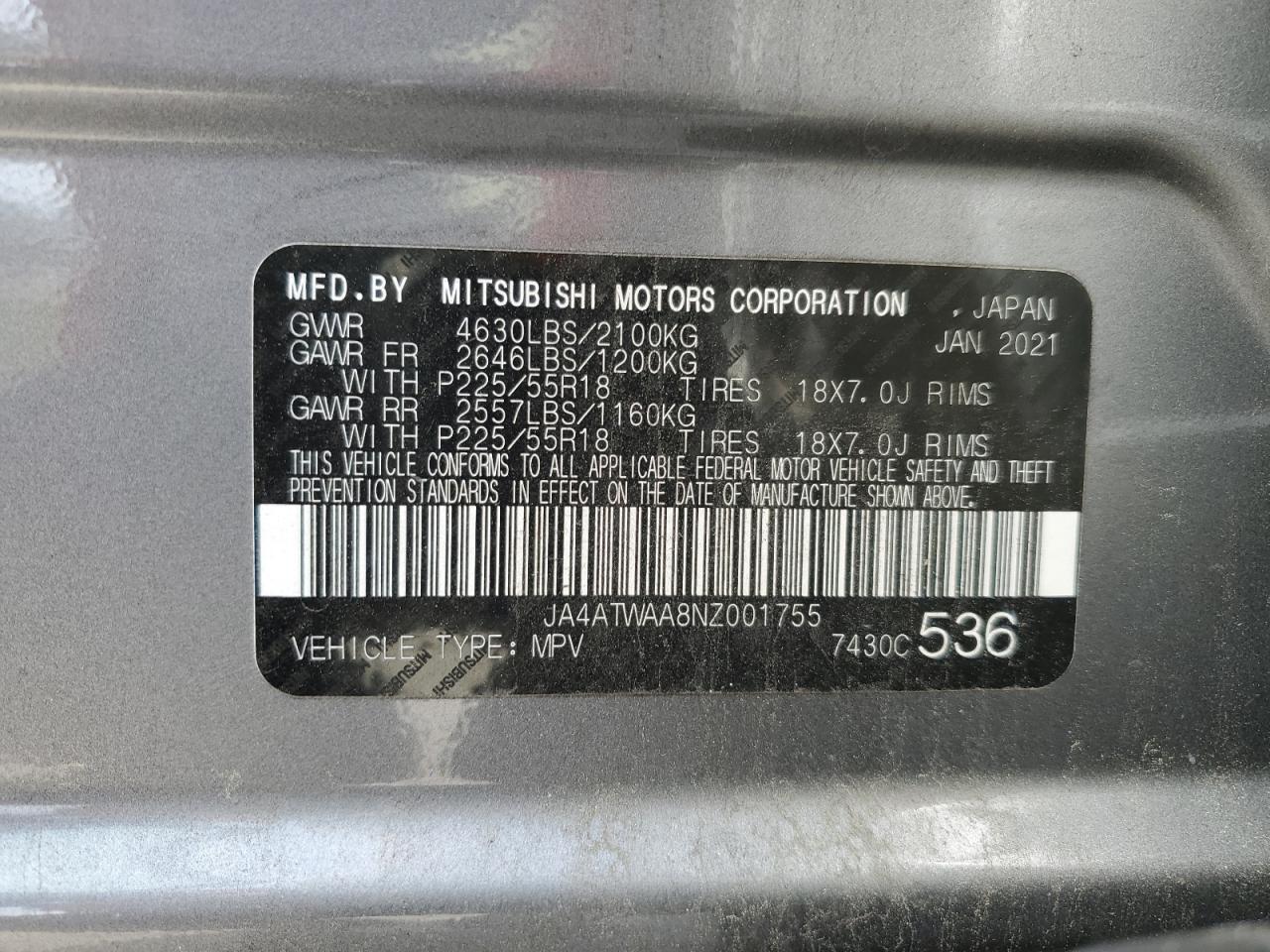 2022 MITSUBISHI ECLIPSE CROSS SE VIN:JA4ATWAA8NZ001755