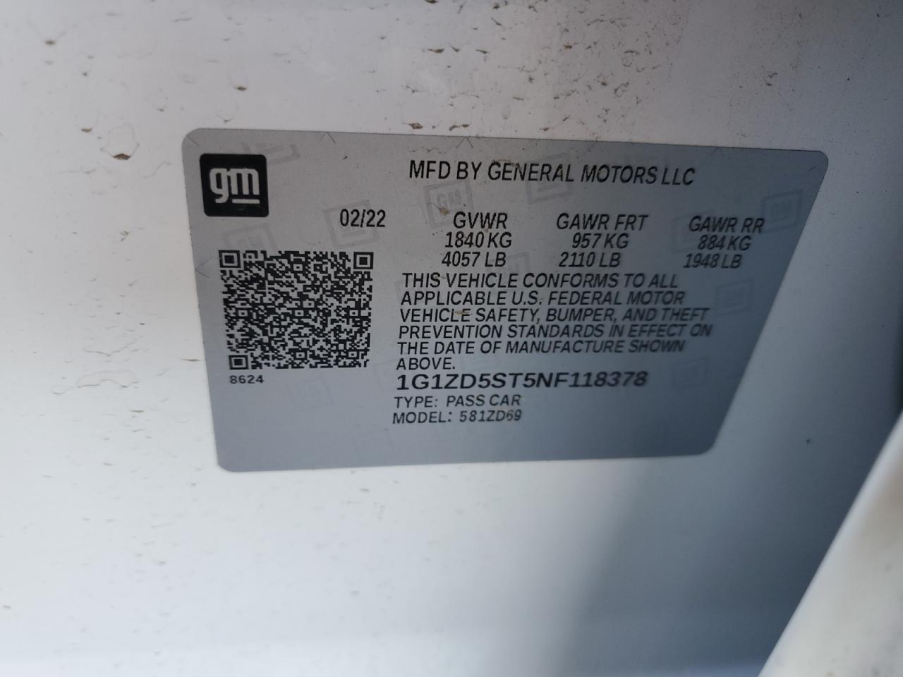 2022 CHEVROLET MALIBU LT VIN:1G1ZD5ST5NF118378