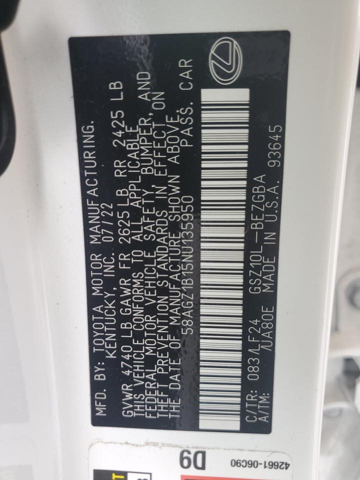 2022 LEXUS ES 350 BASE VIN:58AGZ1B15NU135950