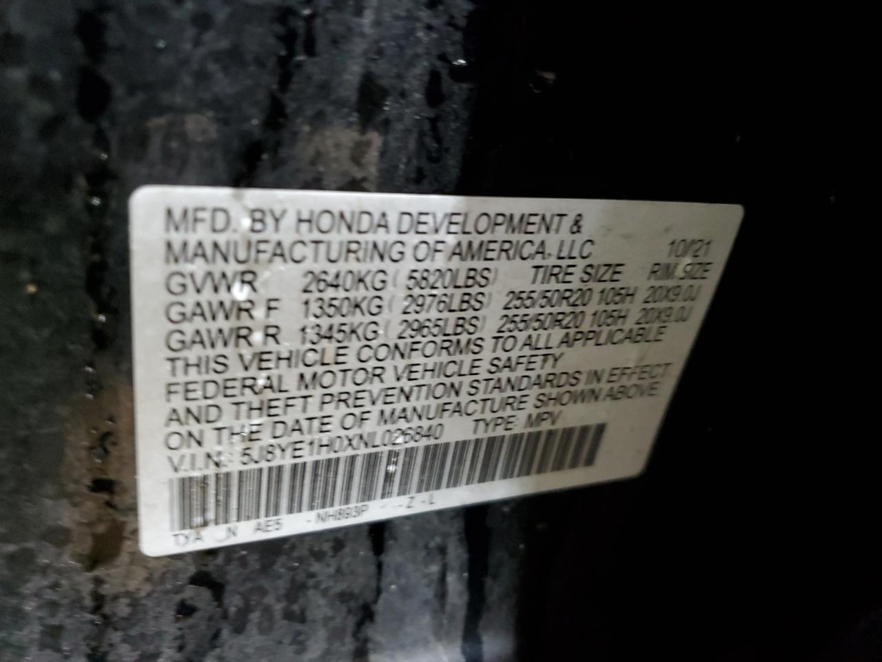 2022 ACURA MDX A-SPEC VIN:5J8YE1H0XNL026840