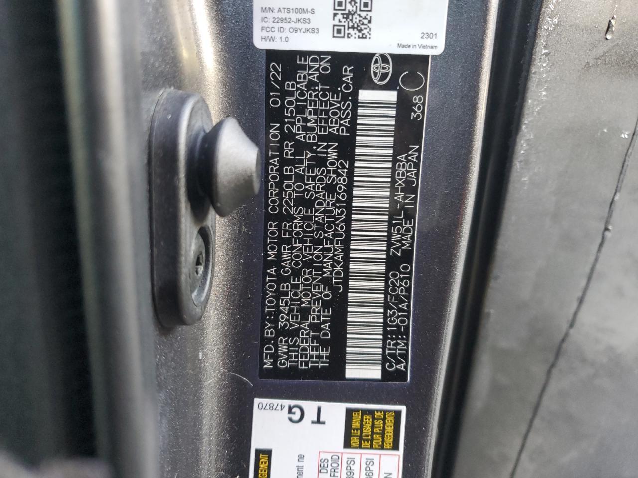 2022 TOYOTA PRIUS NIGHT SHADE VIN:JTDKAMFU6N3169842