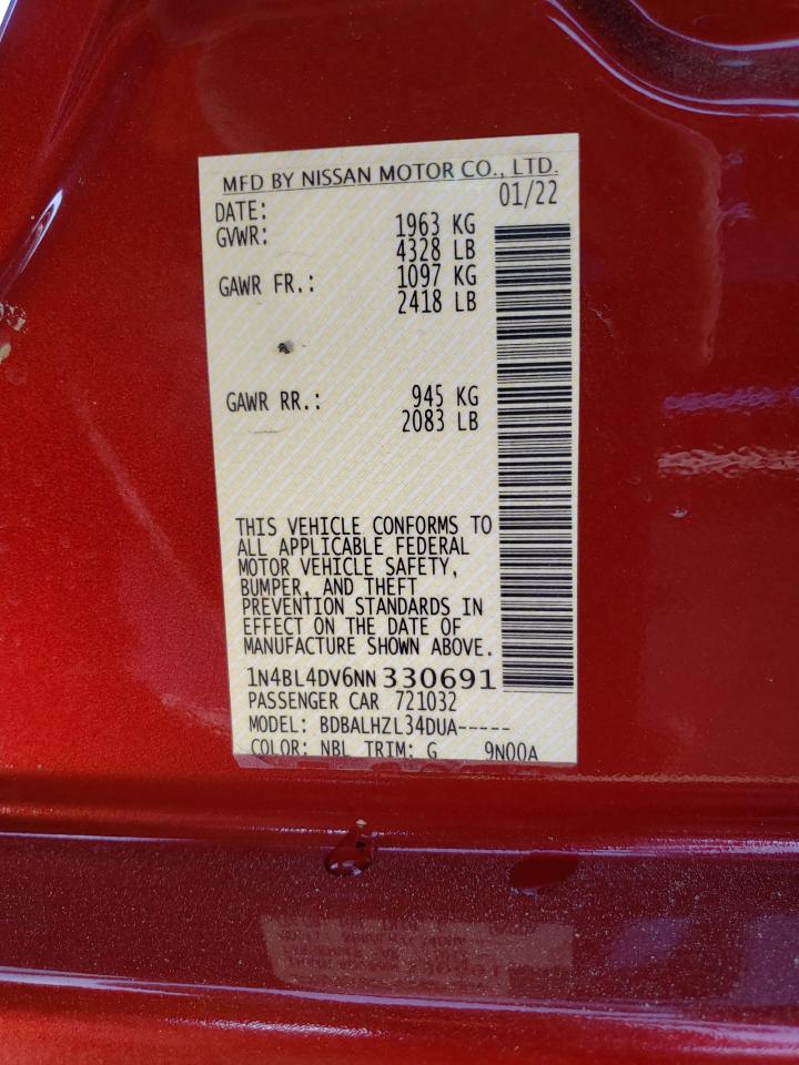 2022 NISSAN ALTIMA SV VIN:1N4BL4DV6NN330691