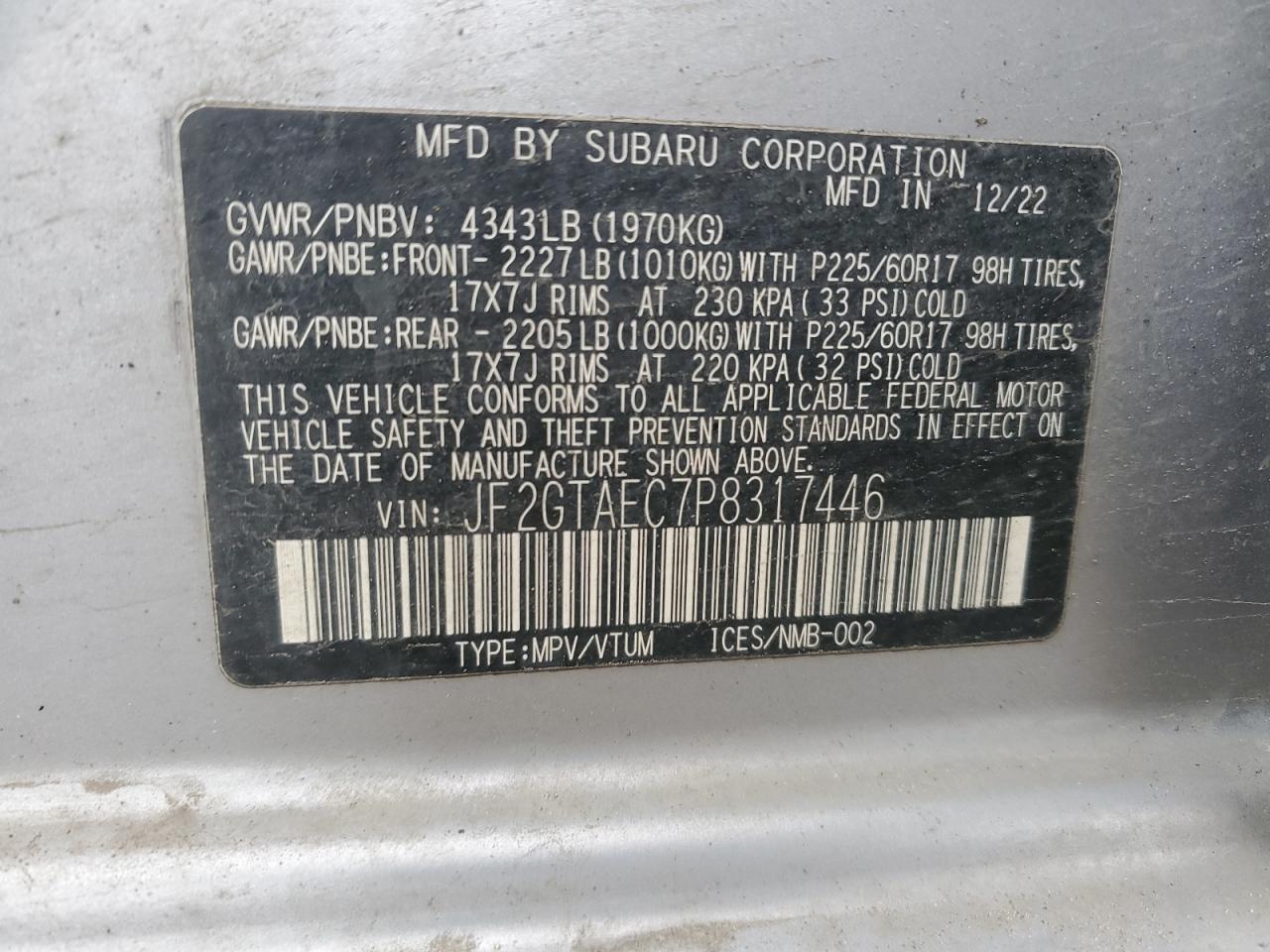 2023 SUBARU CROSSTREK PREMIUM VIN:JF2GTAEC7P8317446