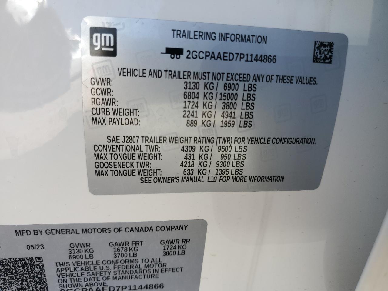 2023 CHEVROLET SILVERADO C1500 VIN:2GCPAAED7P1144866