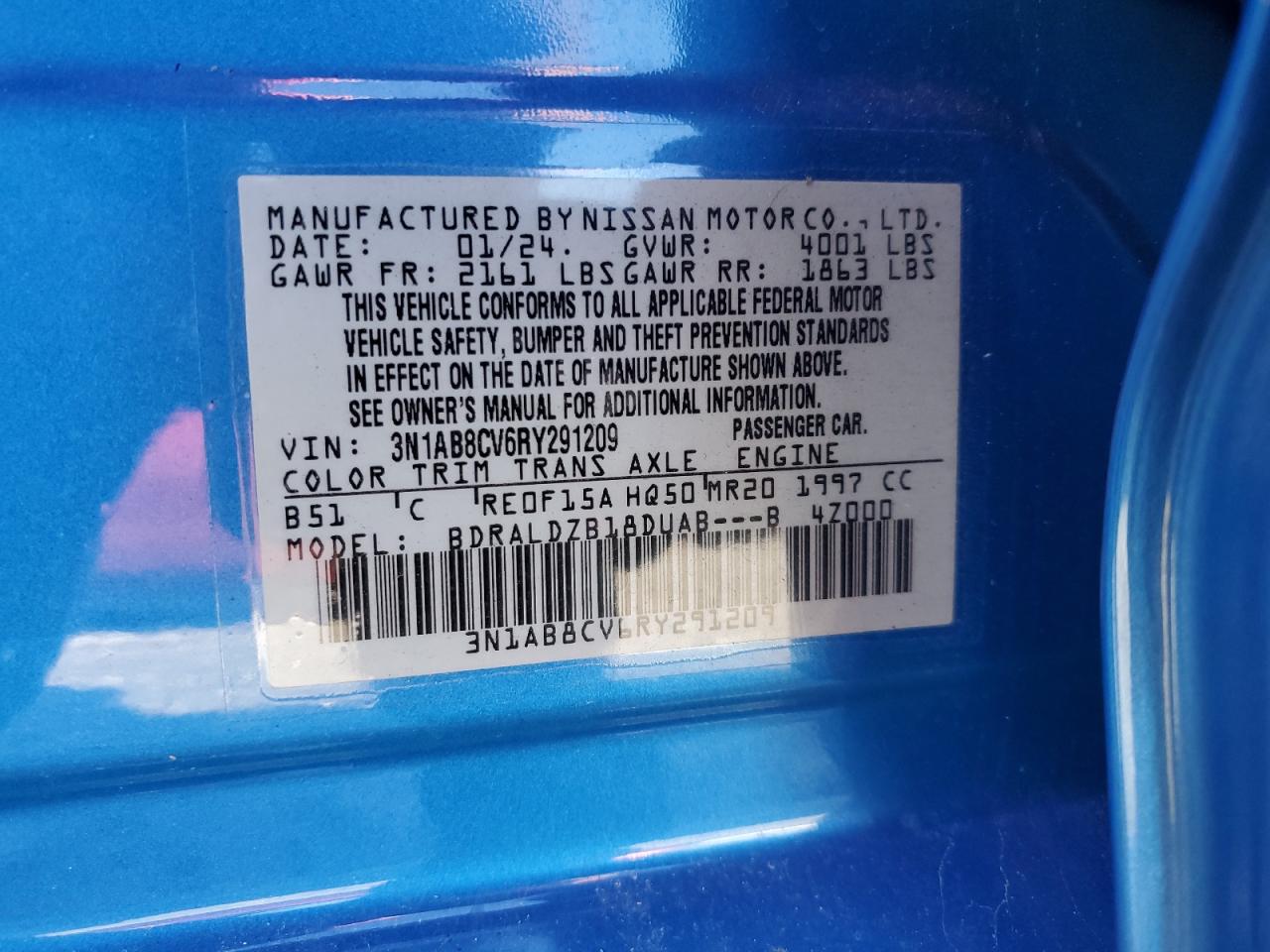 2024 NISSAN SENTRA SV VIN:3N1AB8CV6RY291209