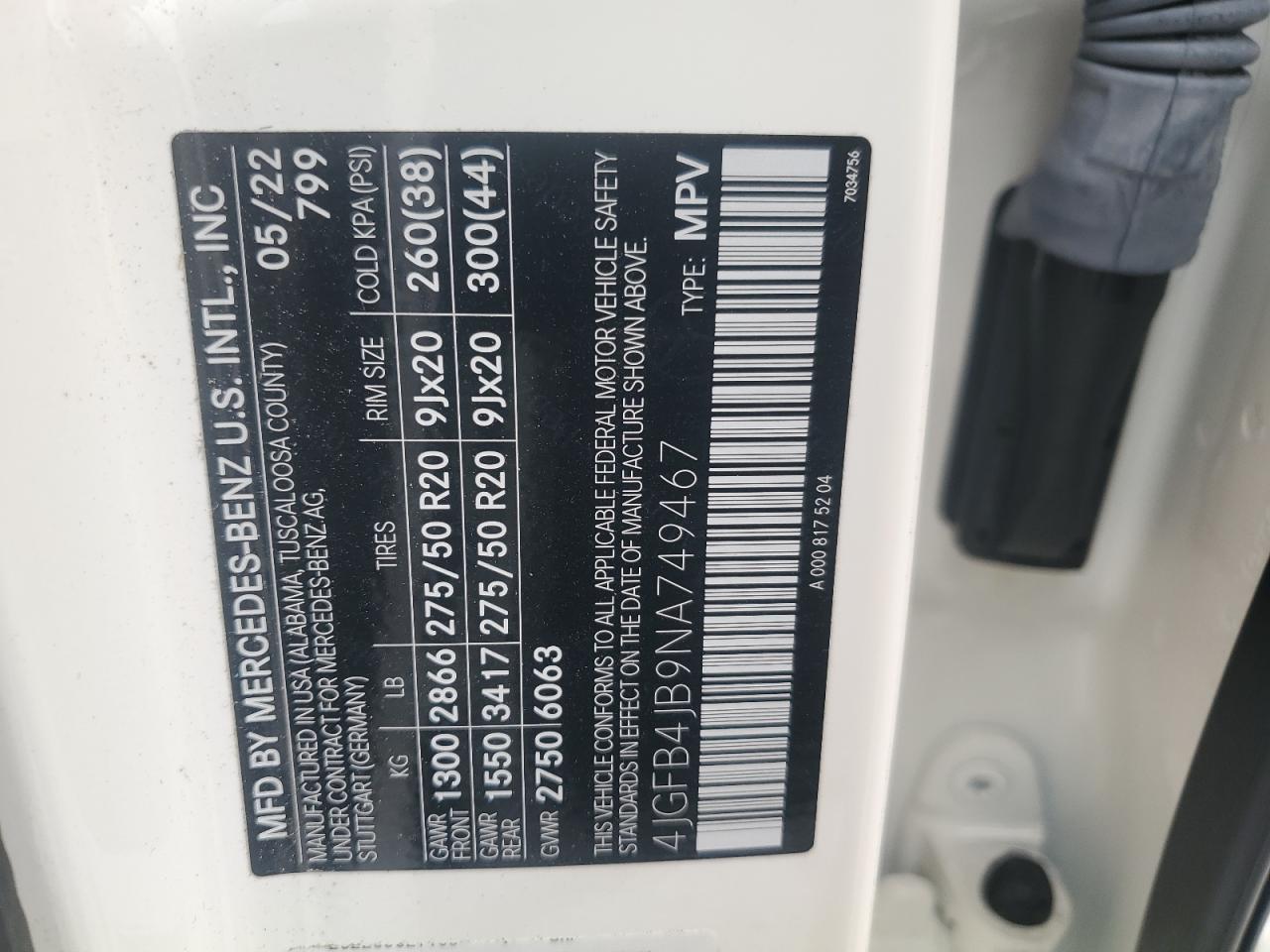 2022 MERCEDES-BENZ GLE 350 VIN:4JGFB4JB9NA749467