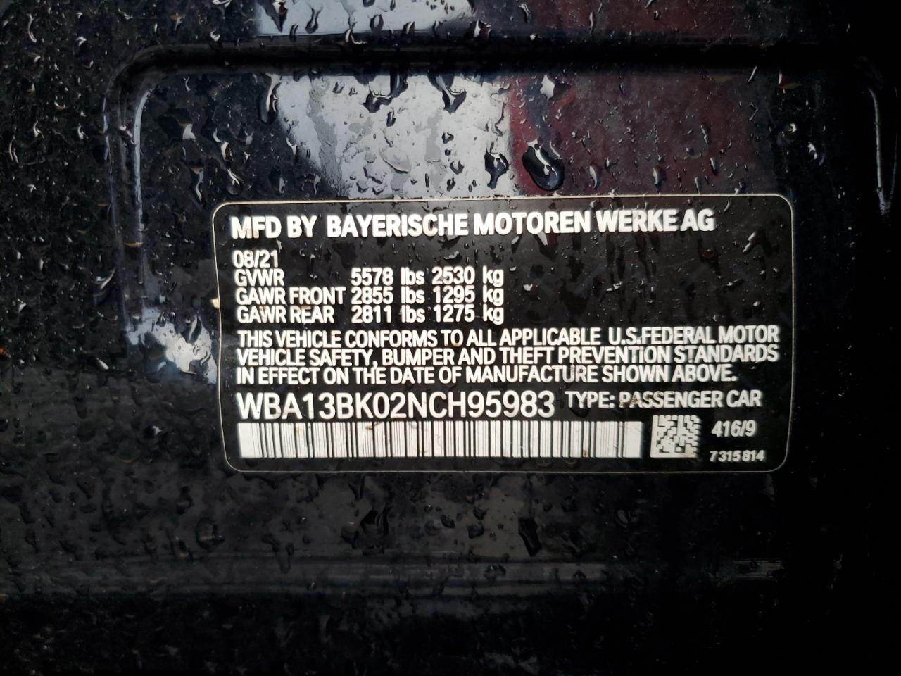 2022 BMW M550XI  VIN:WBA13BK02NCH95983