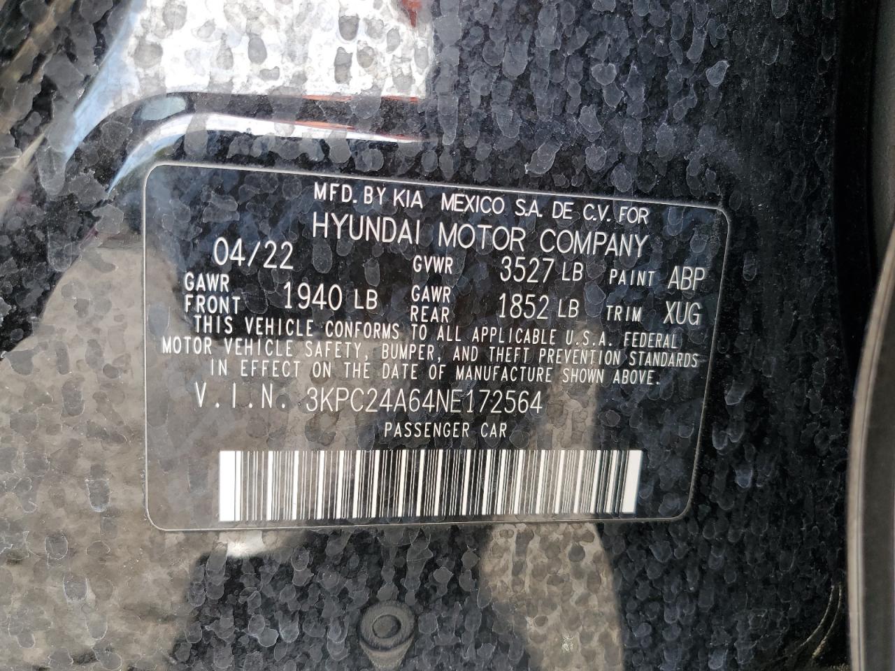 2022 HYUNDAI ACCENT SE VIN:3KPC24A64NE172564