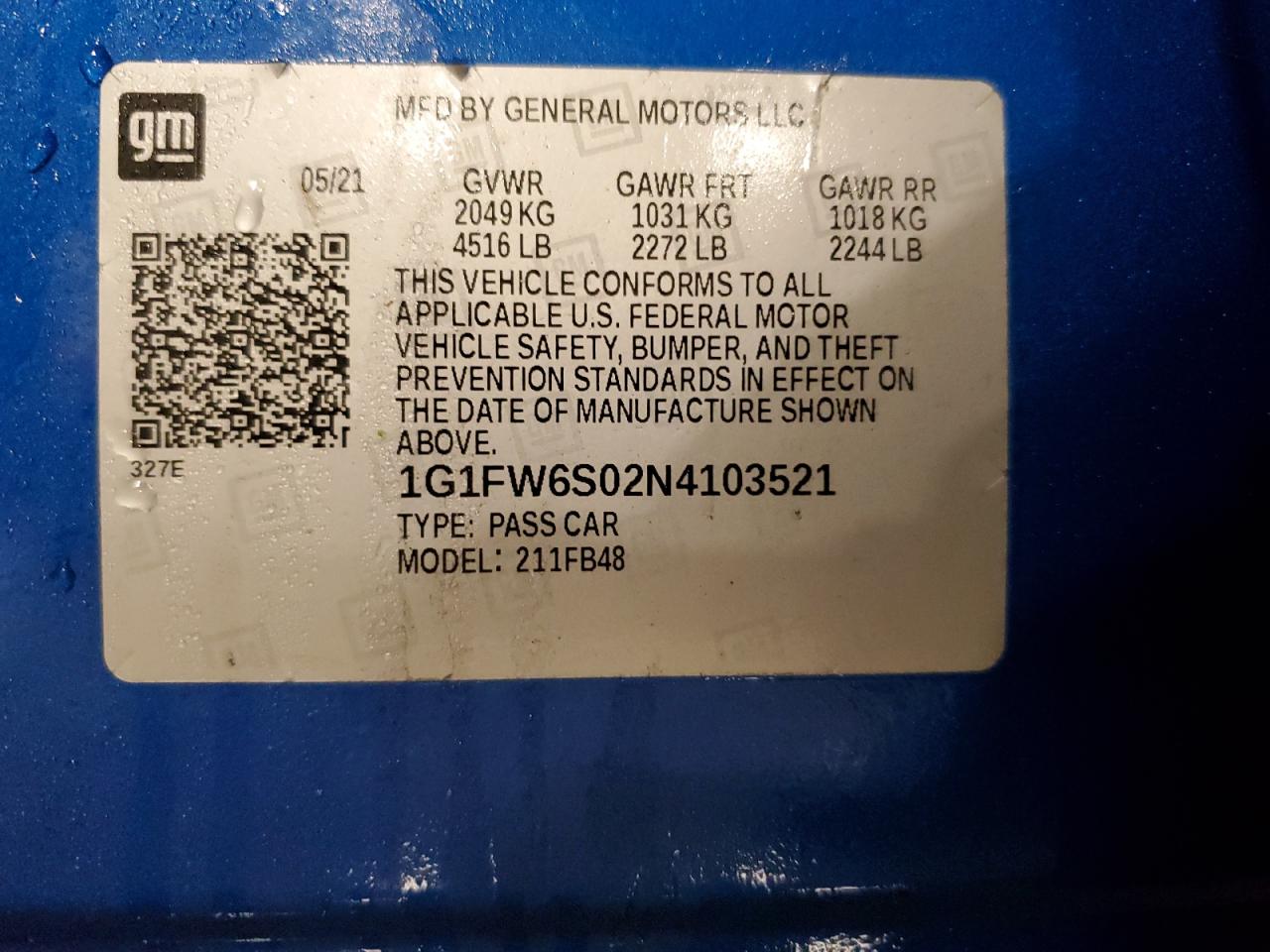 2022 CHEVROLET BOLT EV 1LT VIN:1G1FW6S02N4103521