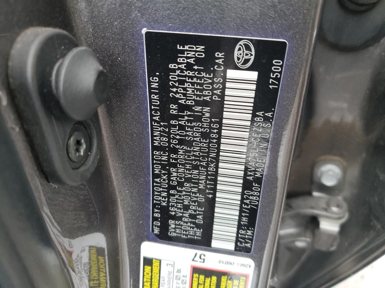 2022 TOYOTA CAMRY SE VIN:4T1T11BK7NU048461