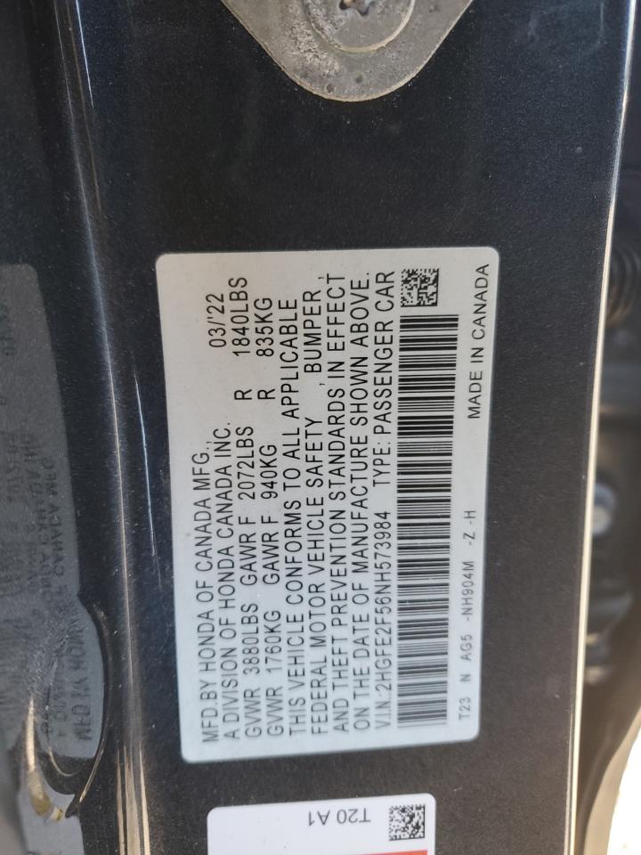 2022 HONDA CIVIC SPORT VIN:2HGFE2F56NH573984