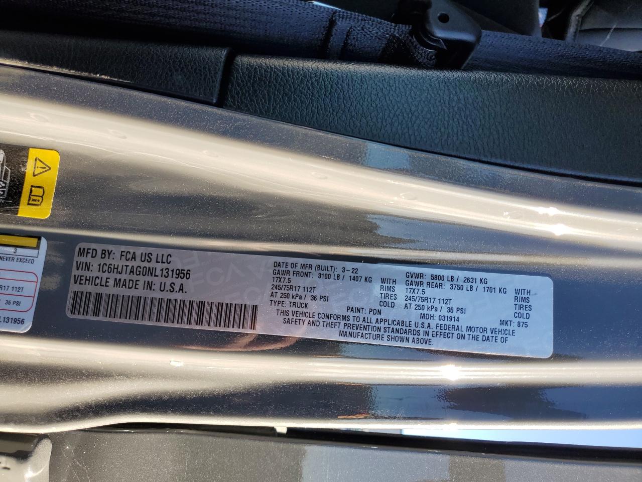 2022 JEEP GLADIATOR SPORT VIN:1C6HJTAG0NL131956