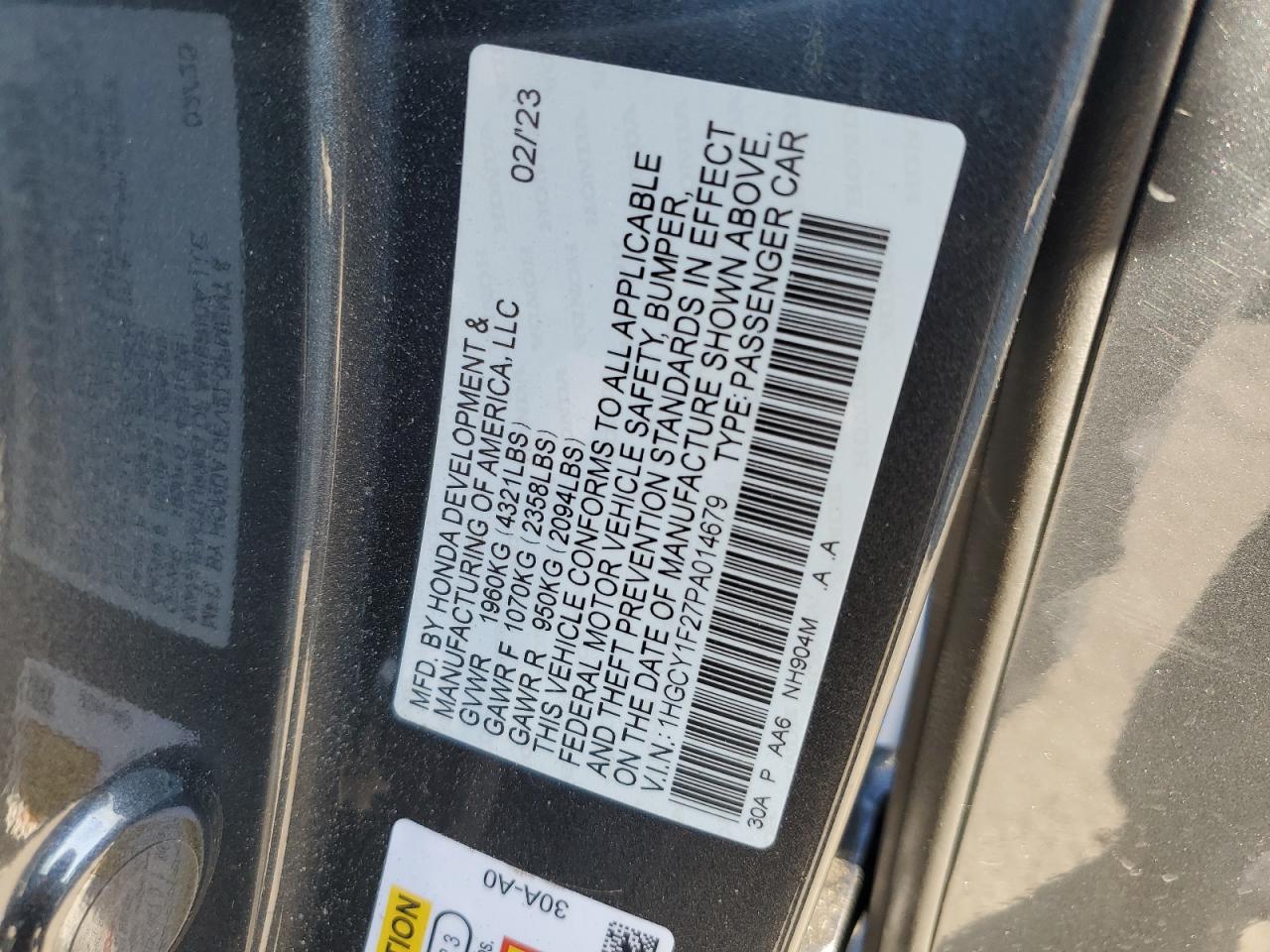 2023 HONDA ACCORD LX VIN:1HGCY1F27PA014679
