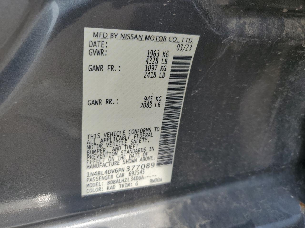 2023 NISSAN ALTIMA SV VIN:1N4BL4DV6PN377089