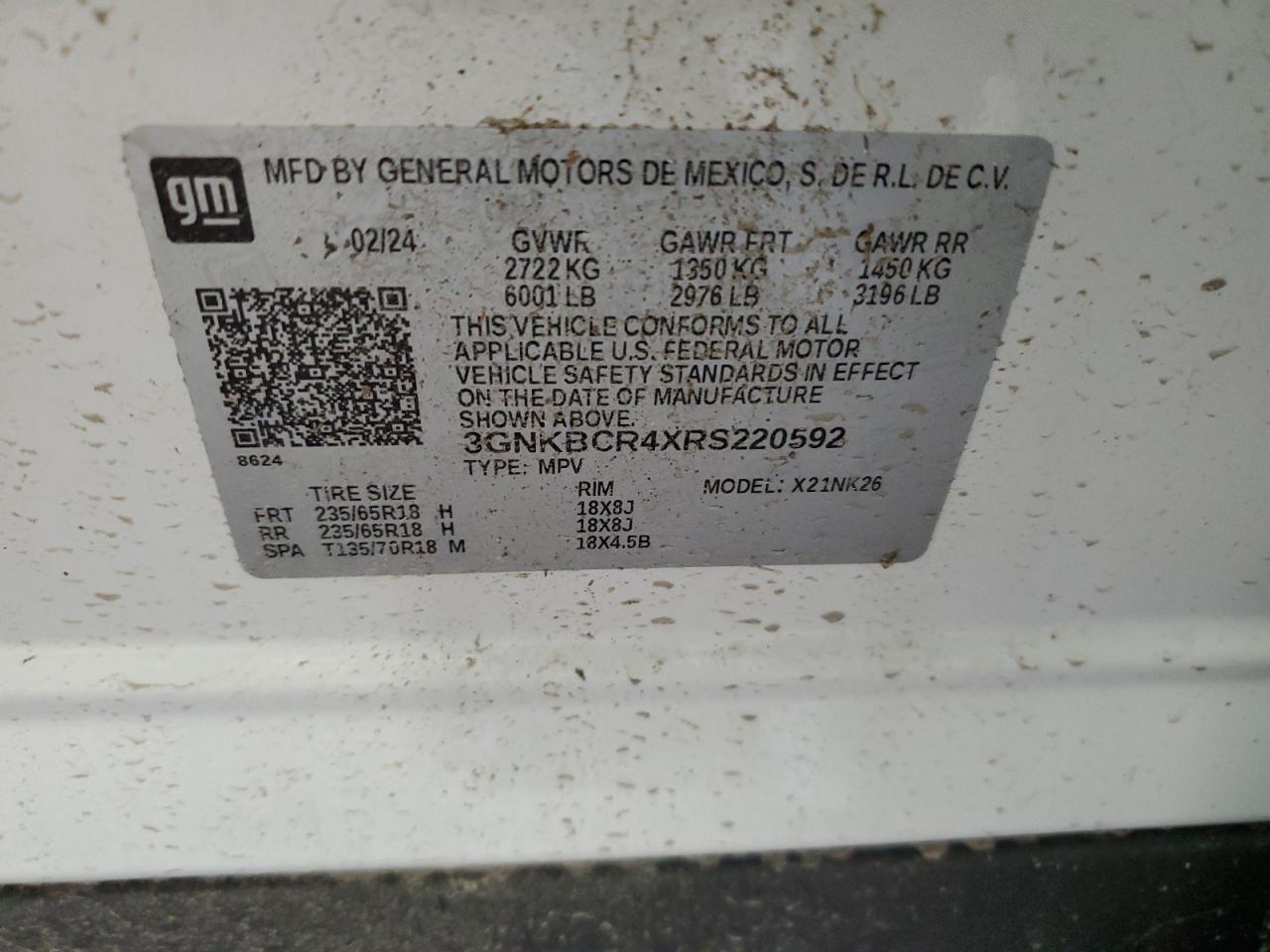 2024 CHEVROLET BLAZER 2LT VIN:3GNKBCR4XRS220592