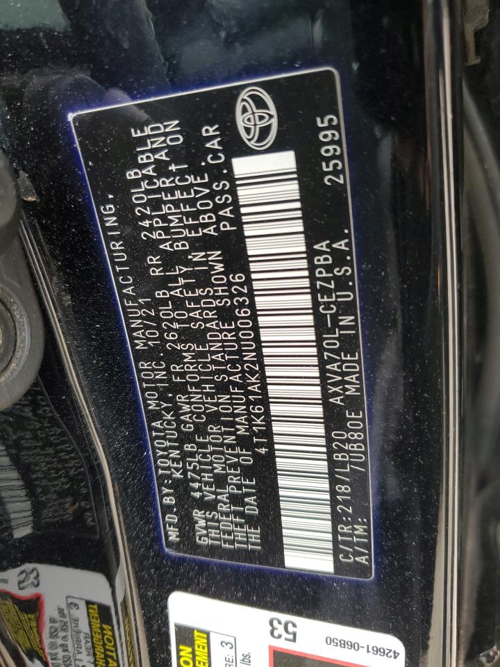 2022 TOYOTA CAMRY XSE VIN:4T1K61AK2NU006326