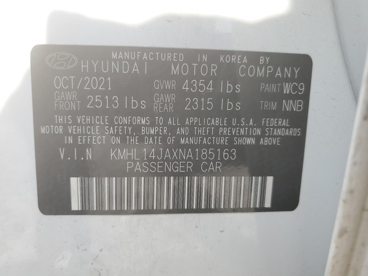 2022 HYUNDAI SONATA SEL VIN:KMHL14JAXNA185163