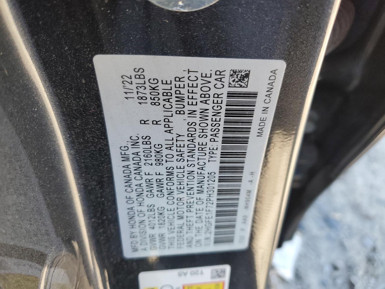 2023 HONDA CIVIC EX VIN:2HGFE1F72PH301205