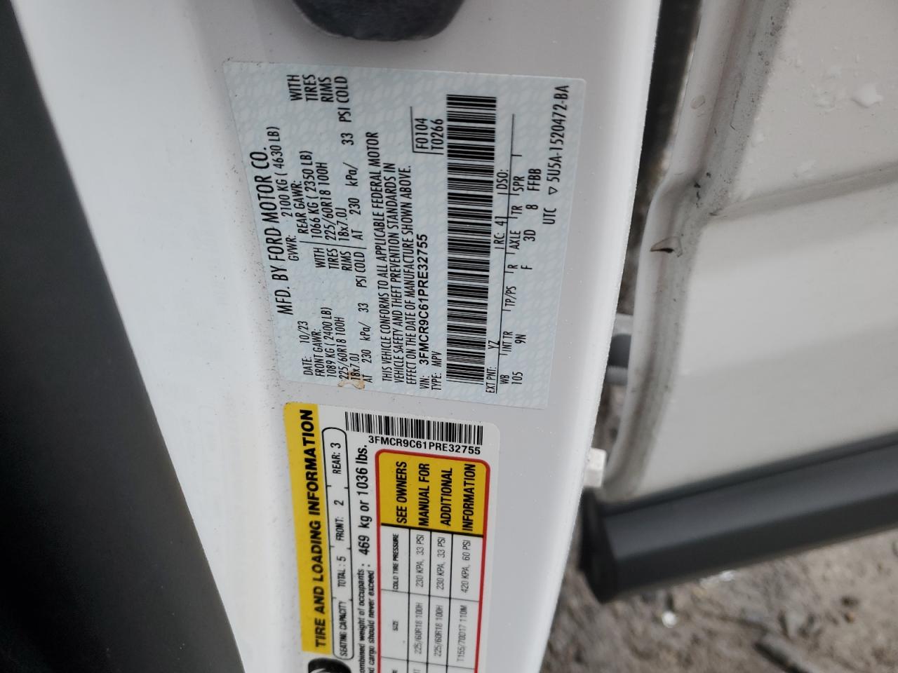 2023 FORD BRONCO SPORT OUTER BANKS VIN:3FMCR9C61PRE32755