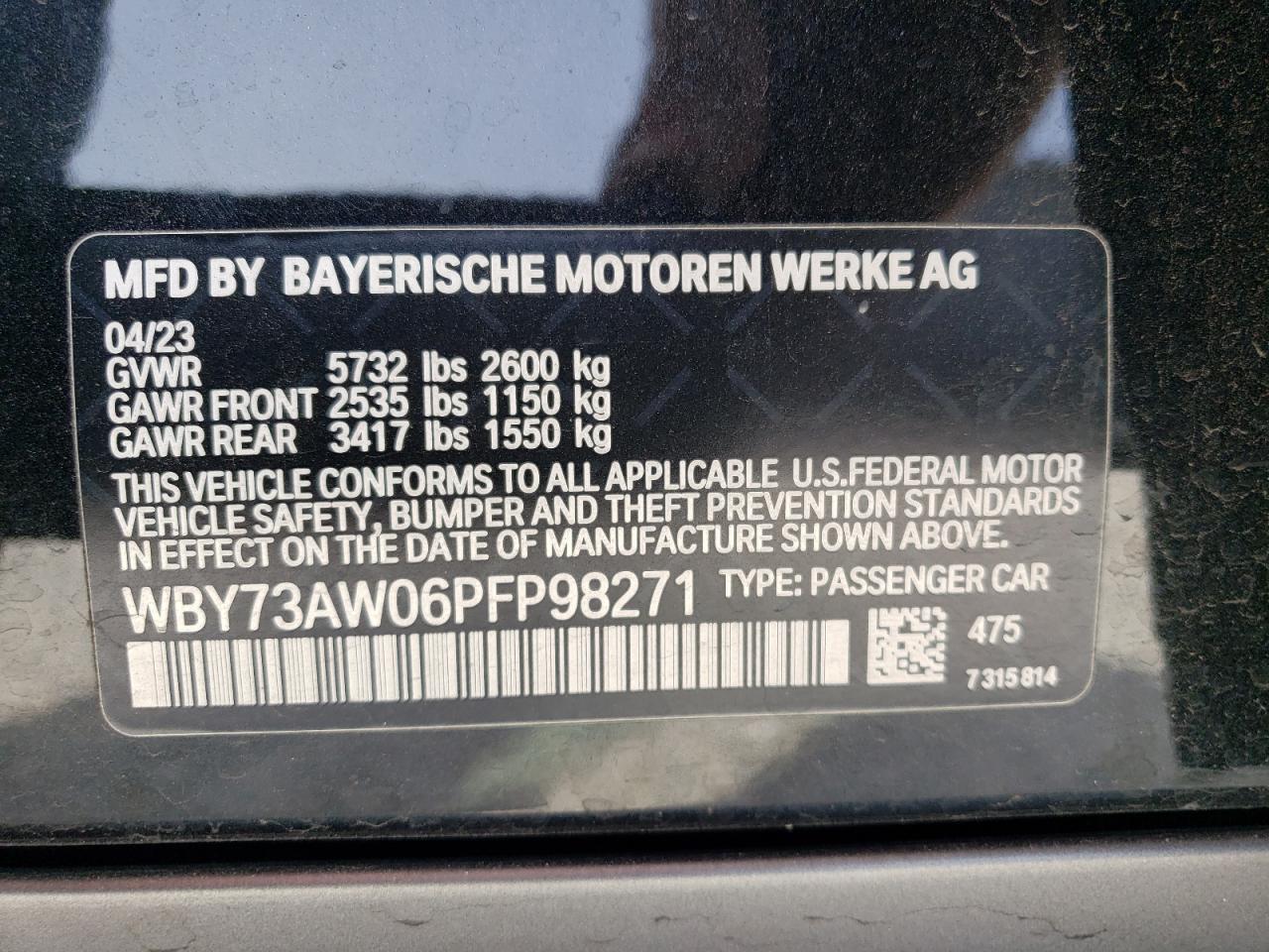 2023 BMW I4 EDRIVE 40 VIN:WBY73AW06PFP98271