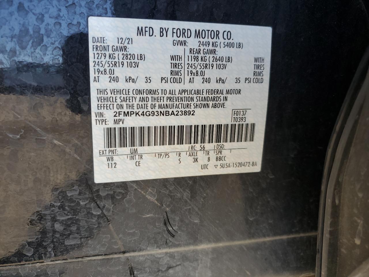 2022 FORD EDGE SE VIN:2FMPK4G93NBA23892