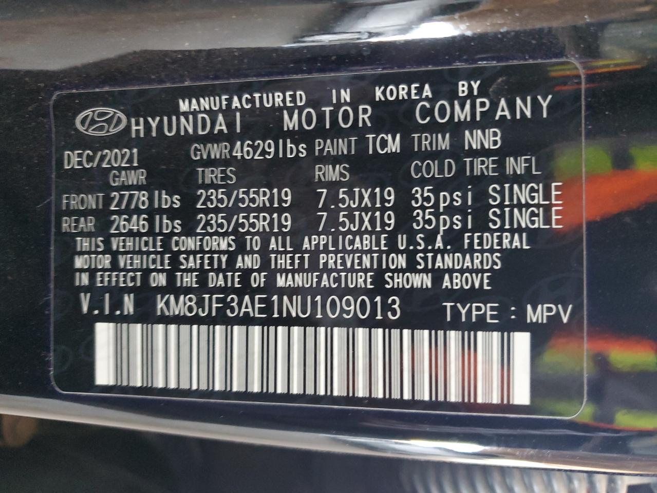 2022 HYUNDAI TUCSON N LINE VIN:KM8JF3AE1NU109013