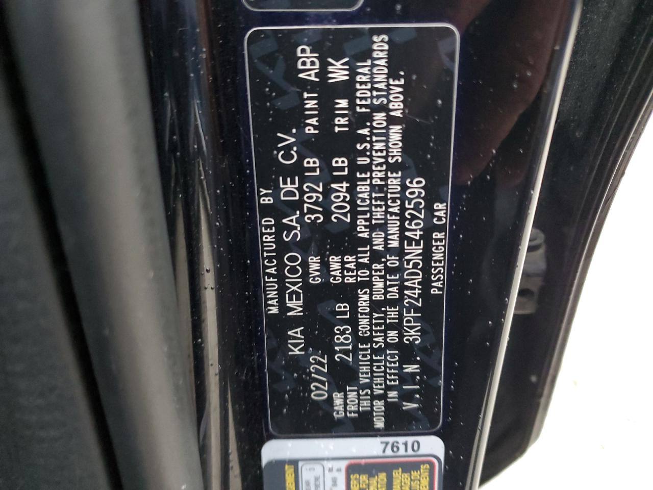 2022 KIA FORTE FE VIN:3KPF24AD5NE462596