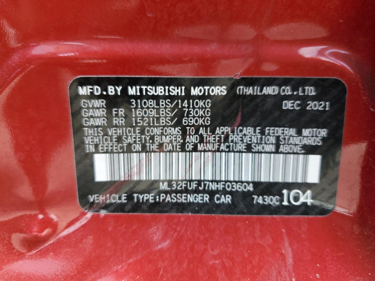 2022 MITSUBISHI MIRAGE G4 ES VIN:ML32FUFJ7NHF03604