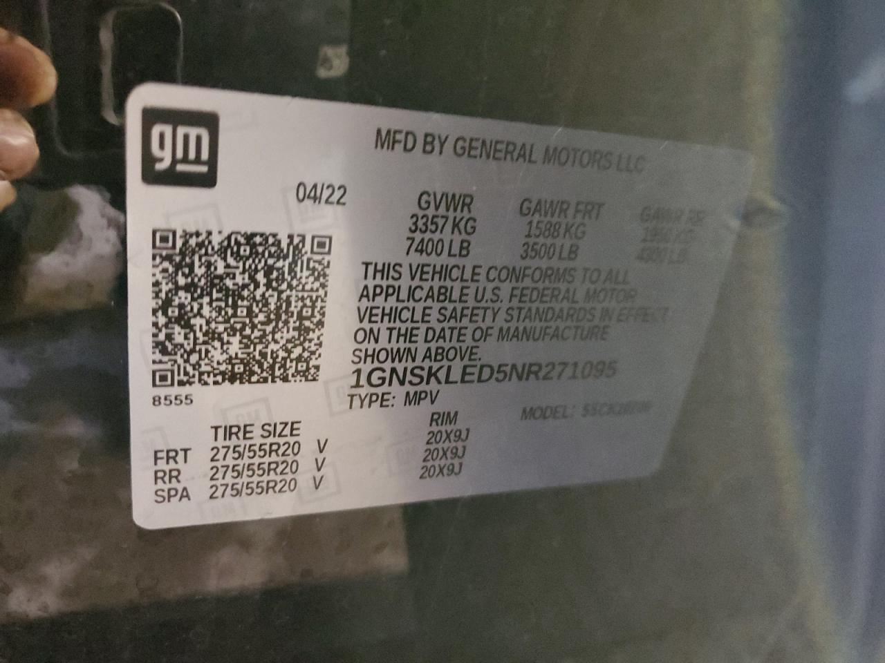 2022 CHEVROLET TAHOE K1500 VIN:1GNSKLED5NR271095