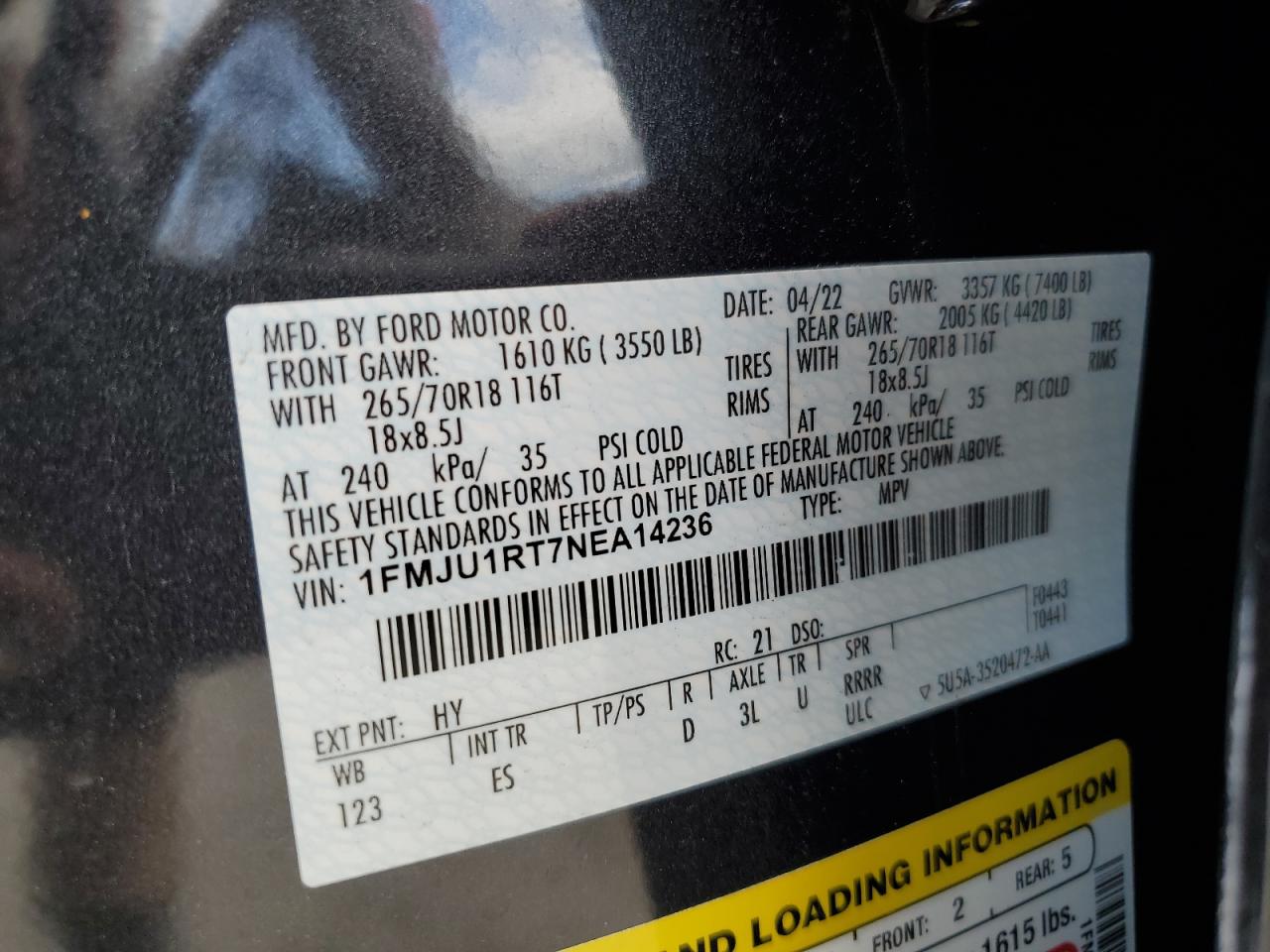 2022 FORD EXPEDITION TIMBERLINE VIN:1FMJU1RT7NEA14236
