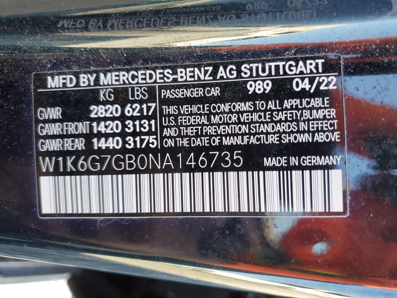 2022 MERCEDES-BENZ S 580 4MATIC VIN:W1K6G7GB0NA146735